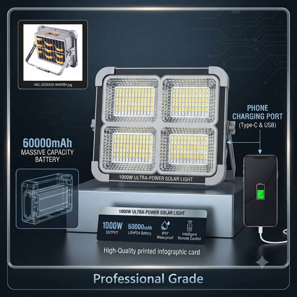 800Watt and 1000warr Solar LED Light with 50000MAH and 60000mah Solar Power Bank , 4 Modes, Waterproof, Portable Solar Power Outdoor Working Light